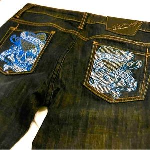 Ed Hardy Rare Crystal Encrusted Love Kills Slowly Skull Bootcut Jeans Sz. 29 NWT